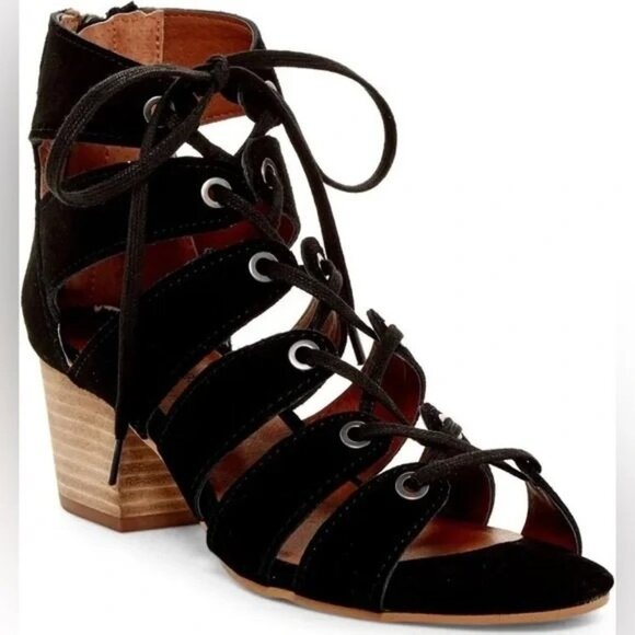 Lucky Brand Genevie Black 8.5M Lace Up Zip Back Cutout Open Toe Chunky Heels - Picture 1 of 9